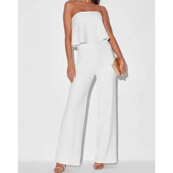 Lulus Pants - Lulu's What Lover's Do White Strapless Wide-Leg Jumpsuit Women's Medium